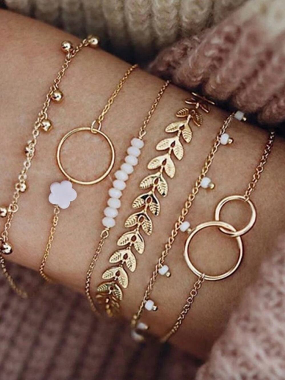 Gold Layered Bracelet Set with White Bead Accents